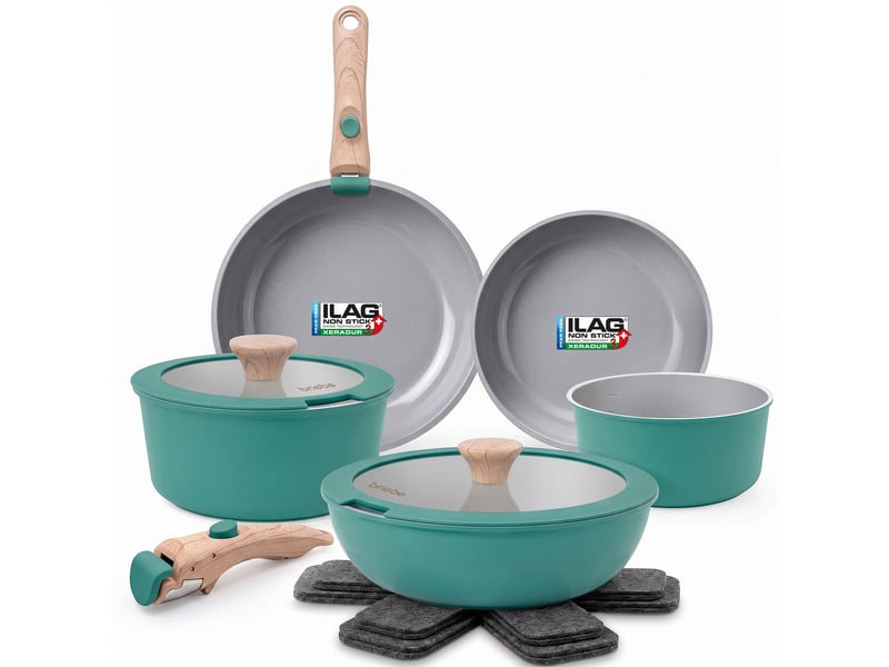 Batterie de cuisine induction céramique poignée amovible set 13 pièces  , briebe, bk1220gre, , vert  - Conforama A