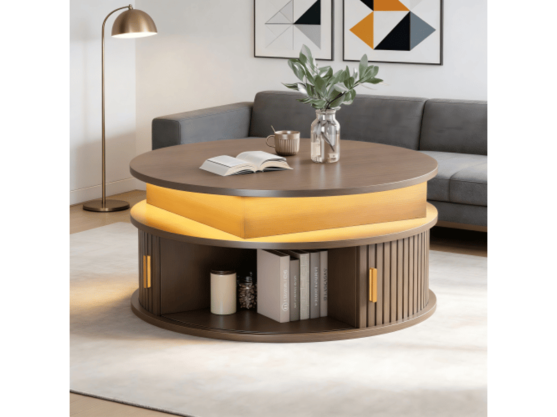  Table basse ronde réglable en hauteur avec led, rangement caché et portes coulissantes – noyer, ø75 cm, 52 cm  - Conforama B