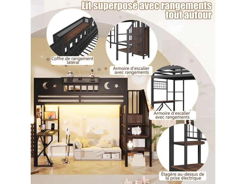  Lit mezzanine en métal led usb 90x200 cm, bureau, lit 1 place avec escalier rangement, lit enfantado, panneau perforé, gain de place, noir Seren Glow - Conforama E