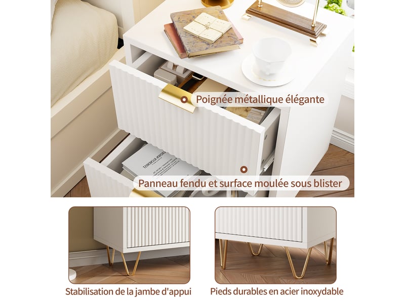  Lot de 2 table de chevet,table à chevet avec 2 tiroirs , manches et pieds en couleur doré,moderne,40 × 40 × 55 cm,blanc  - Conforama W