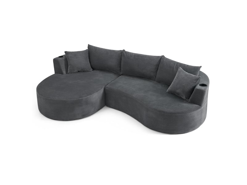  Canapé d'angle fixe 3 places avec méridienne gauche en velours côtelé gris 264 cm, porte-gobelets intégrés  - Conforama A