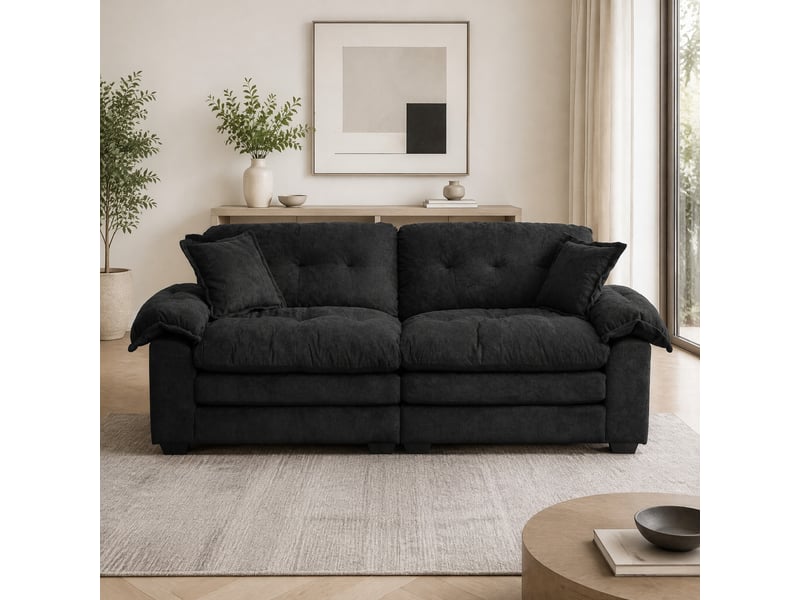  Canapé droit 2 places à assise profonde  - coussins double couche amovibles, chenille noire, 214 cm  - Conforama B