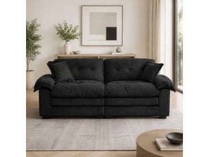 Canapé droit 2 places à assise profonde - coussins double couche amovibles, chenille noire, 214 cm