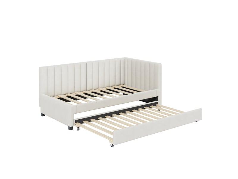 Lit banquette 90x200 cm en velours beige, lit gigogne multifonction avec sommier à lattes - Conforama D