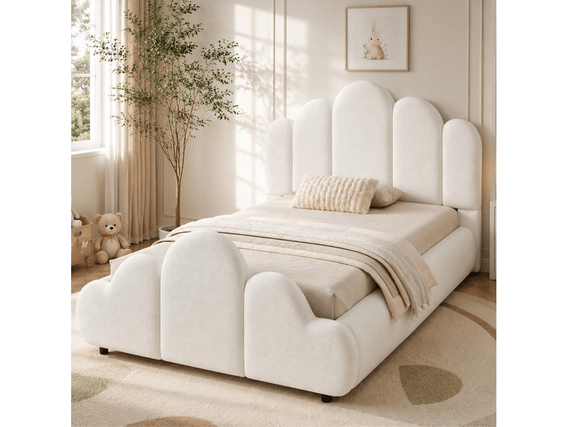  Lit enfant 90x200 cm en bouclé beige avec sommier à lattes et angles arrondis  - Conforama E