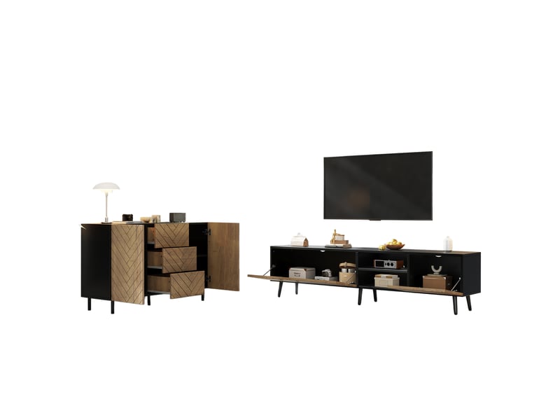  Meuble tv et buffet avec 2 abattants, niche ouverte, 3 tiroirs et 2 portes - pour salon - en panneaux de particules - naturel et noir  - Conforama A
