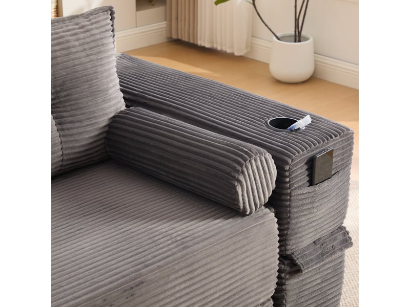  Canapé convertible 2 places en velours côtelé gris foncé avec tiroir de rangement intégré sous l'assise  - Conforama W