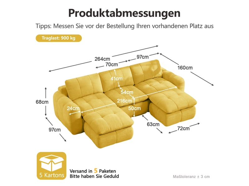  Canapé d'angle en u 3 places sans cadre, canapé modulaire, housse chenille douce, mousse 32d, sans montage, 2 poufs, jaune  - Conforama C