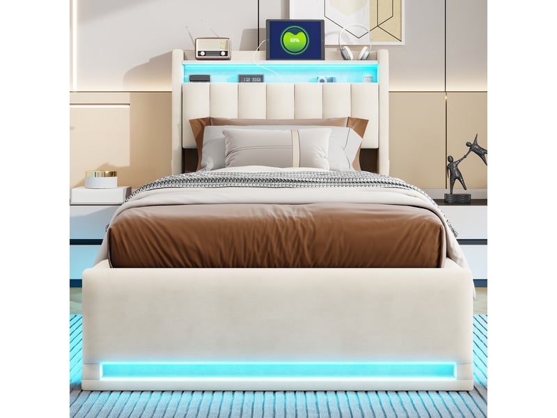  Lit rembourré 90 x 200 cm avec rangement, lit double avec éclairage led et port usb, lit hydraulique avec tête de lit et sommier à lattes, lit pour adolescent, velours, beige 251110WXL0101#ADXBfHWMXoDELLM - Conforama C
