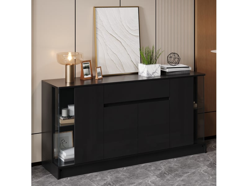 Buffet 150x40x75 cm, vitrines en verre et led réglables par application, panneau de particules noir  - Conforama C