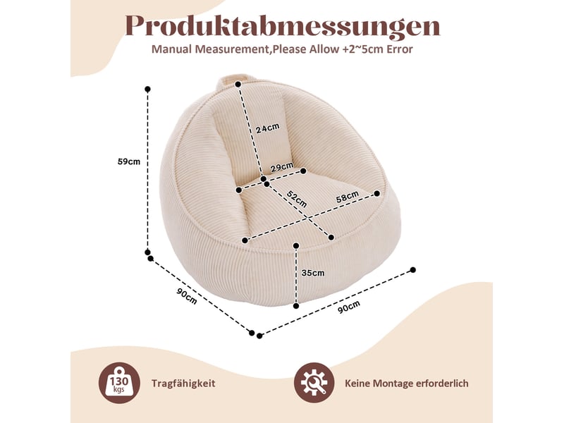  Fauteuil poire modenvie en velours côtelé beige avec dossier ergonomique 90 x 90 x 59 cm  - Conforama C