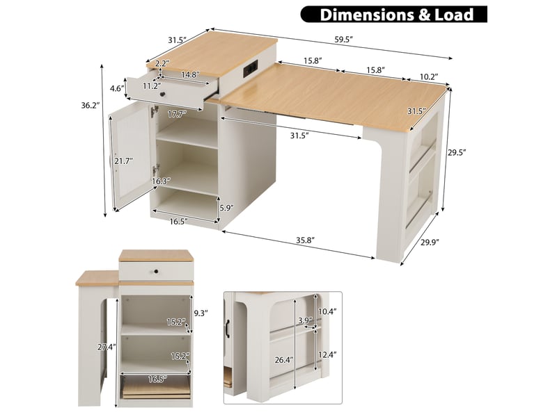  Table extensible 4 personnes avec rangement et prises pour cuisine en mdf 80×71 111 151×92 cm blanc  - Conforama E