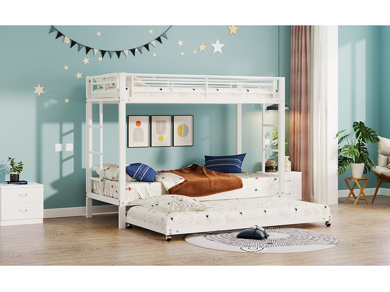  Lit superposé gigogne 90 × 200 cm, troisième couchage 90 × 190, échelles aux extrémités, métal, sommier à lattes, blanc  - Conforama B