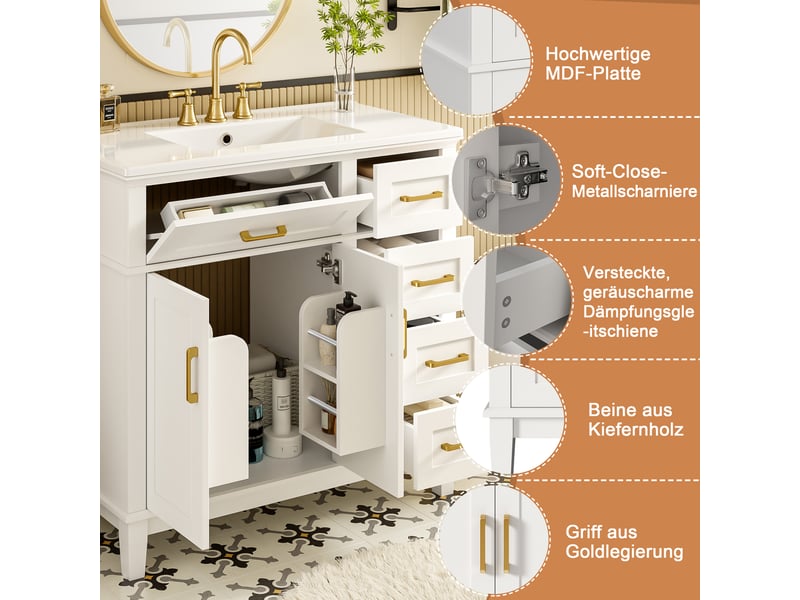 Meuble vasque blanc mdf et céramique 90×46×87 cm, pieds bois massif, poignées dorées, 4 tiroirs, 1 abattant et 2 portes - Conforama C