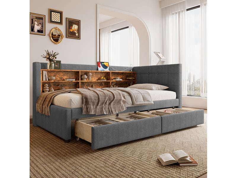  Lit banquette tcqpz 90 x 200 cm avec 2 tiroirs usb type-c rangements tête de lit en lin gris  - Conforama D