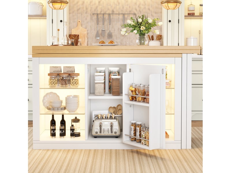 Îlot de cuisine extensible 120 à 197 cm, pivotant à 360°, avec led rgb, blanc - Conforama C