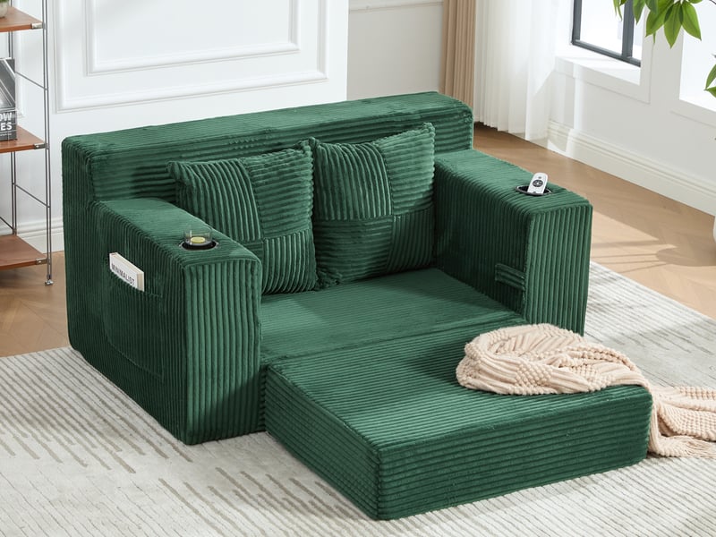  Canapé droit convertible 2 places, en velours côtelé, 2 coussins, porte-gobelet et poches latérales, 151 × 133 × 64 cm, vert YXY-0915-3 - Conforama B