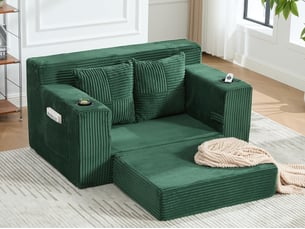 Canapé droit convertible 2 places, en velours côtelé, 2 coussins, porte-gobelet et poches latérales, 151 × 133 × 64 cm, vert