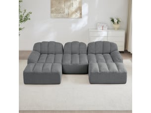 Canapé panoramique coquille 3 places, 2 poufs gris – 288 x 165 x 79 cm
