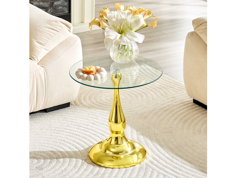  Table d'appoint ronde en verre trempé ø50 cm, pied métal doré, hauteur 51,5 cm  - Conforama B
