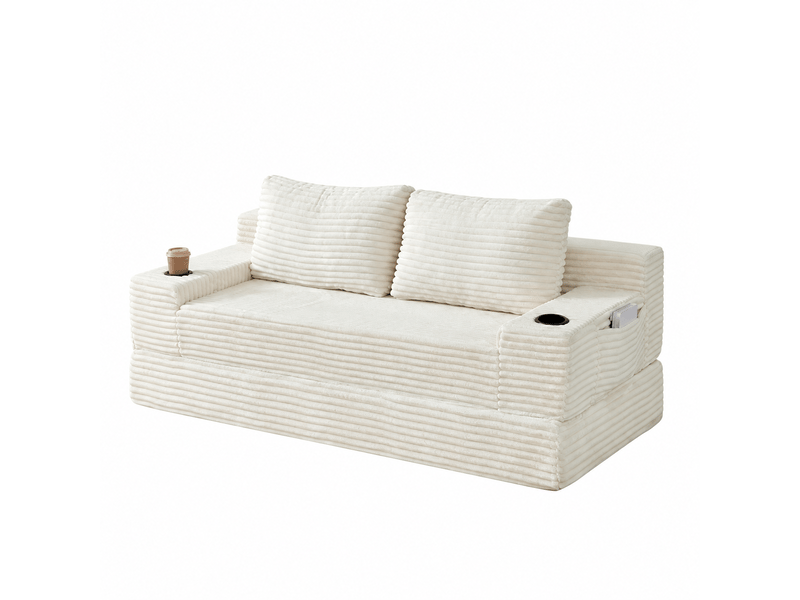 Canapé-lit convertible 2-en-1 en velours côtelé, avec 2 coussins, porte-gobelets intégrés et poches de rangement latérales - beige - Conforama A