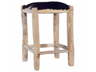 Tabouret de bar, chaise de bar cuir de chèvre véritable et bois de teck massif