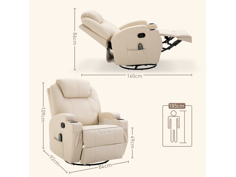  Fauteuil relax inclinable avec massage électrique 5 modes, pivotant, porte-gobelets, en cuir crème  - Conforama C