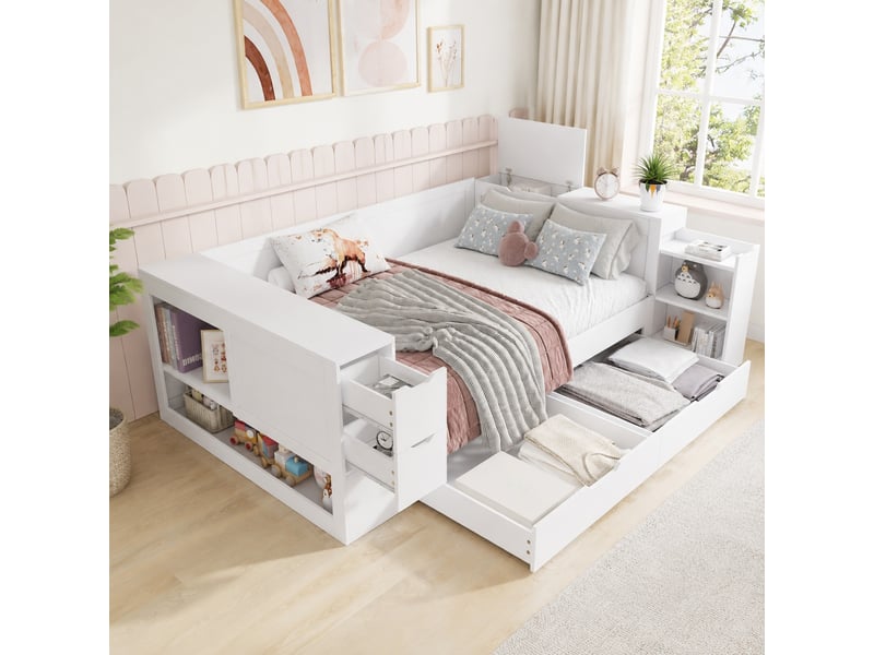  Lit coffre enfant 140x190 cm avec tiroir et rangements latéraux, mdf blanc  - Conforama B