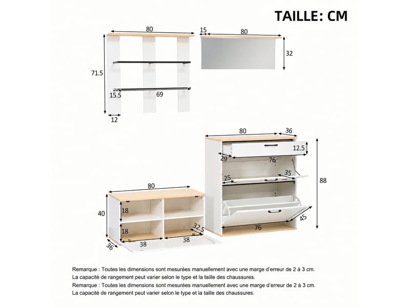  Ensemble meuble d’entrée avec miroir et banc à chaussures, modulable, 156 x 36 x 176 cm, blanc et bois naturel  - Conforama E