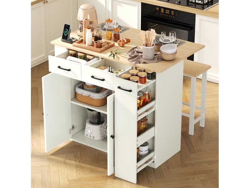  Îlot de cuisine avec 2 tabourets 120x45-75x96 cm, plateau rabattable, prises usb, pour cuisine, en aggloméré, blanc  - Conforama B