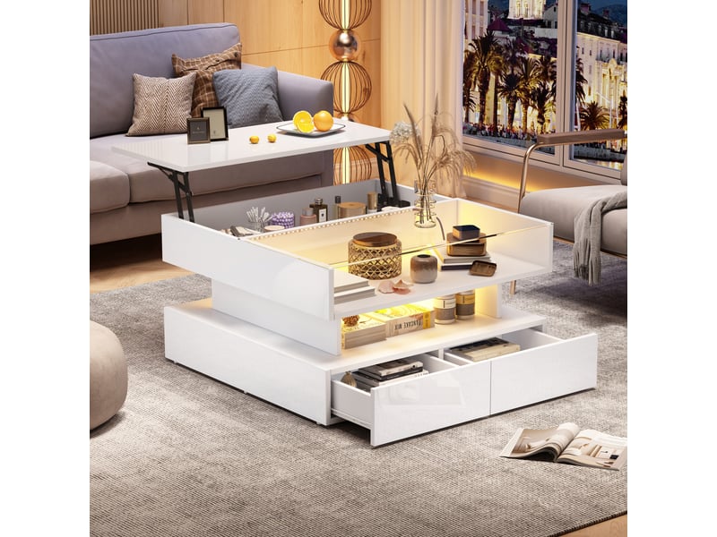 Table basse carrée relevable 80x80 cm avec rangement caché, 2 tiroirs et led app, plateau verre trempé, blanc brillant - Conforama W