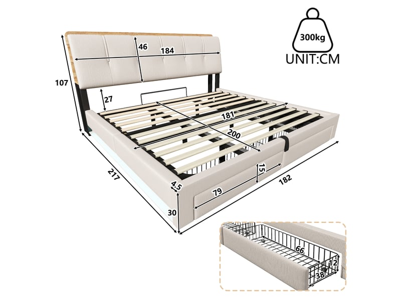 Lit capitonné, 180 x 200 cm, suspension hydraulique, avec port usb type-c, sans matelas, rangement multifonctionnel, éclairage led, commande par bouton-poussoirapplication, lin, beige - Conforama C
