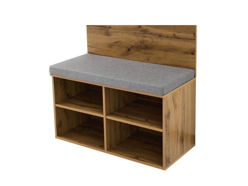  Meuble d'entrée avec banc à chaussures rembourré, penderie, étagères réglables et 2 patères, effet chêne, 84 × 35 × 175 cm  - Conforama E