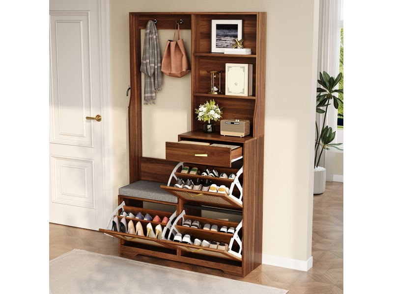  Vestiaire d'entrée ulevr avec banc et rangement chaussures, 100 x 30 x 170 cm, mdf noyer, 3 abattants  - Conforama D