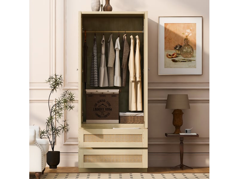  Armoire avec 2 portes effet rotin, 2 tiroirs et grande niche, pour chambre, en bois, couleur bois, 70 × 55 × 170 cm  - Conforama C