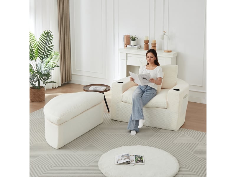  Canapé 1 place avec repose-pieds, rangement intégré et porte-gobelet, design lounge, velours côtelé, beige OMNIGLINT TRADING LTD - Conforama E
