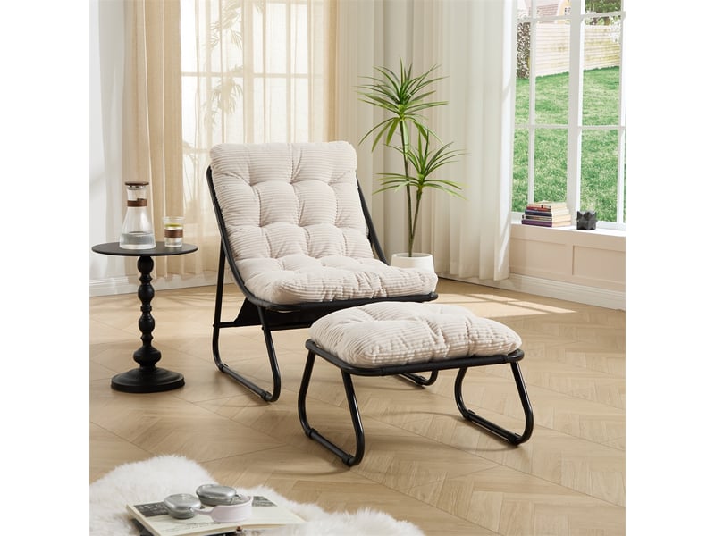  Fauteuil de jardin avec repose-pied - 65x78x86cm - chaise lounge relax avec coussin moelleux - acier &amp; velours côtelé - blanc  - Conforama C