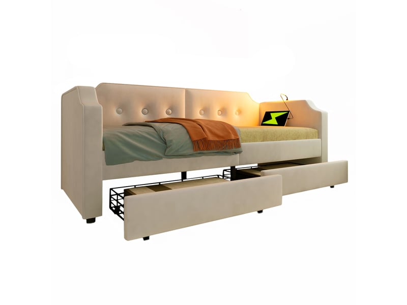  Lit avec rangement beige 90 x 200 cm avec 2 tiroirs et sans matelas  - Conforama D