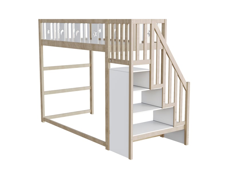  Lit mezzanine 90x200 cm, bois, avec escalier de rangement, barrière de sécurité, coloris blanc+bois, sans matelas  - Conforama D