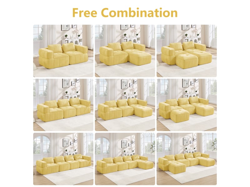  Canapé modulaire en u 3 places avec 2 poufs, assise profonde - lpospi - sans structure, polyester jaune  - Conforama E