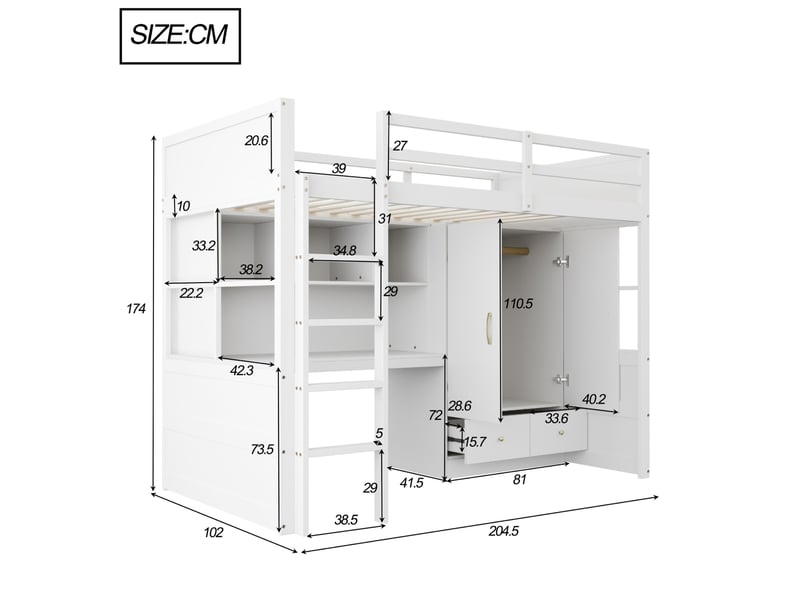  Lit mezzanine 90x200 cm blanc avec bureau, armoire et tiroirs  - Conforama C