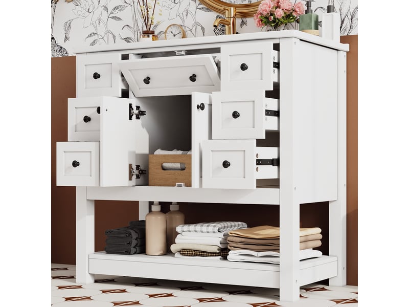Meuble de salle de bain - 91,5x46x90 cm - meuble sur pied avec vasque céramique, 6 tiroirs, portes et étagère ouverte - blanc - Conforama C
