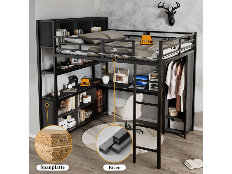 Lit mezzanine 140x200, avec penderie, lit mezzanine enfant ,lit supérieur avec rangement, fer à repasser + panneaux de particules  - Conforama D