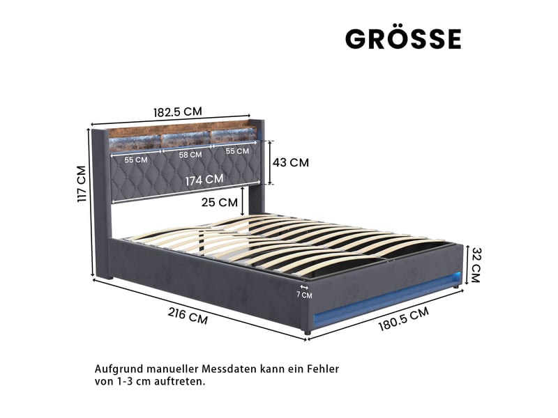  Lit coffre 180 × 200 cm avec usb, 2 prises, éclairage led et rangement, sans matelas, cadre métal gris  - Conforama E