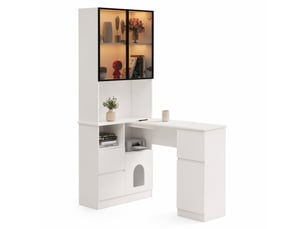 Bureau d'angle 120x80x180 cm, led, portes, bibliothèque, salon, chambre et bureau, meuble chambre et salon, mdf, blanc