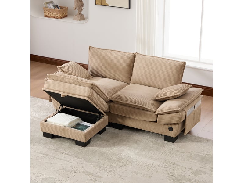  Canapé 2 places modulable en velours côtelé kaki avec pouf de rangement et usb-c  - Conforama E