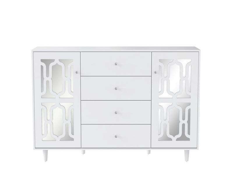  Buffet blanc, 147,5 x 40 x 102 cm, armoire, meuble de rangement, avec 2 miroir portes et 4 tiroirs, pour salon et salle à manger  - Conforama A