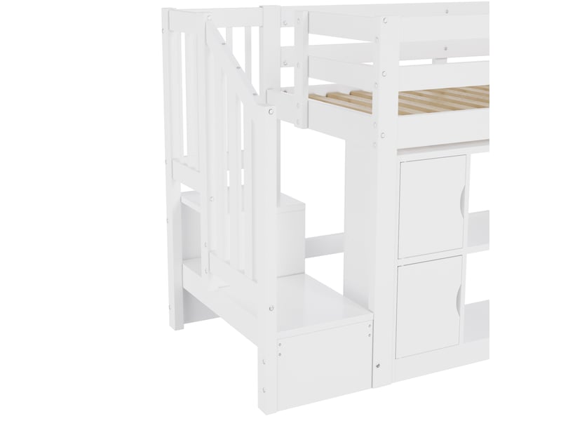Lit mezzanine 90x200 cm blanc mdf et bois, bibliothèque, placards, escalier de rangement et éclairage led - Conforama E