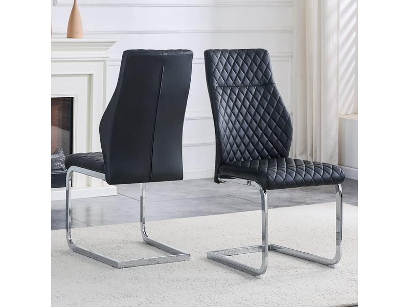  Chaises de salle à manger lot de 2 à dossier haut matelassé  - pieds métal argenté, simili cuir noir  - Conforama B