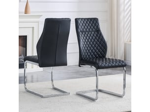 Chaises de salle à manger lot de 2 à dossier haut matelassé  - pieds métal argenté, simili cuir noir